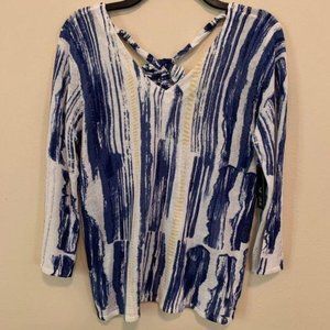 Nic & Zoe Blue & White Tieback Linen Vneck Shirt Small